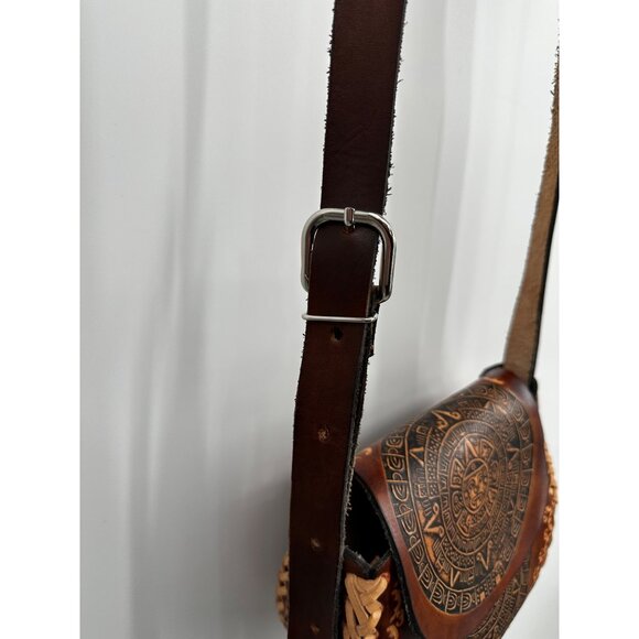 Vintage Hand Tooled Brown Leather Aztec Calendar Bag Crossbody Handmade Mexican - Picture 7 of 9